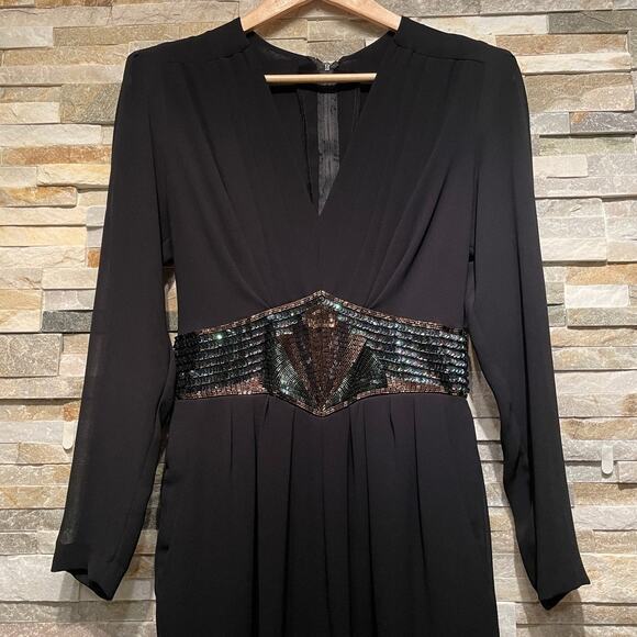 Vintage Black Sequin Waist Jumpsuit | Sheer Sleeve, V-Neck, Pockets, Formal Glam - Picture 6 of 11